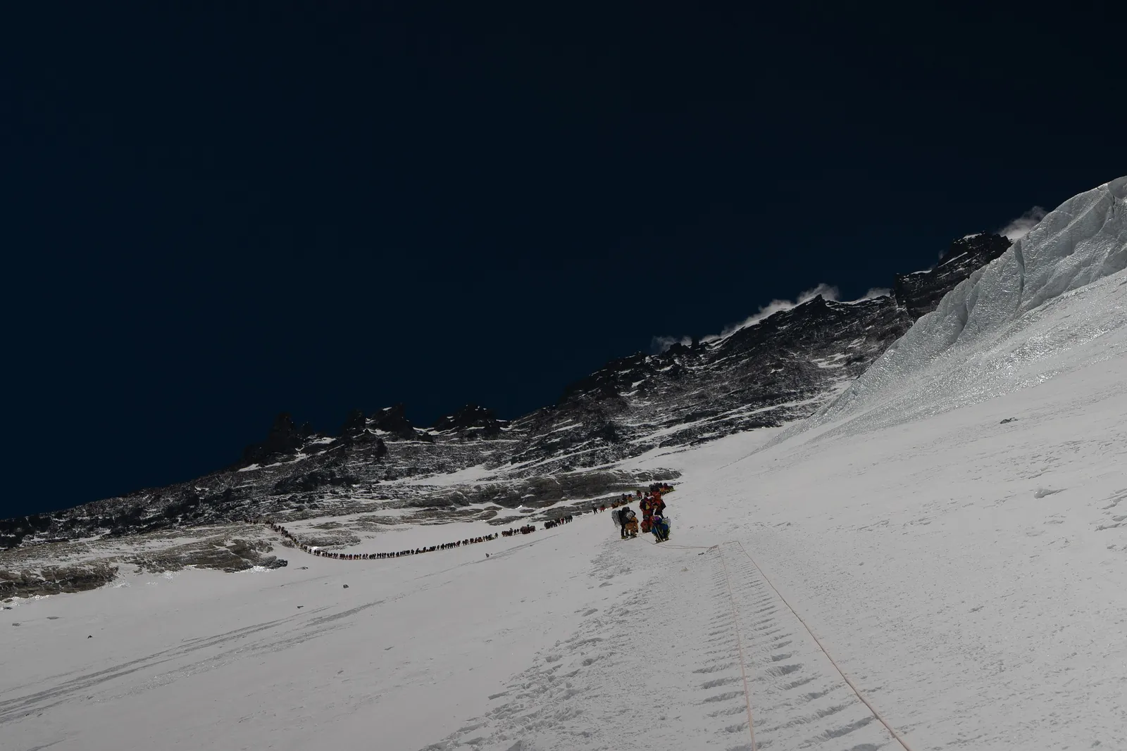Climbers queuing on the Yellow Band on the Everest south-east route (Photo: AngeliSherpa / Wikimedia Commons, CC BY-SA 4.0)
